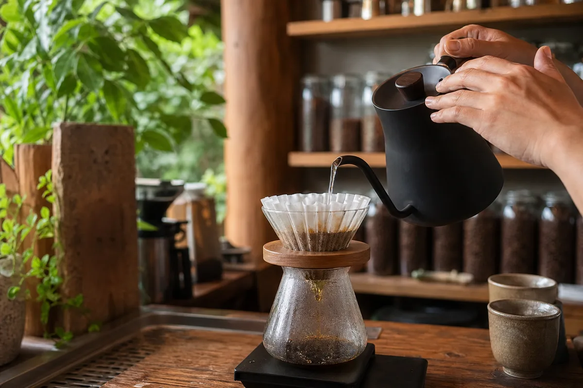アリのスペシャルティコーヒー店、ハンドドリップと豆の並ぶカウンター