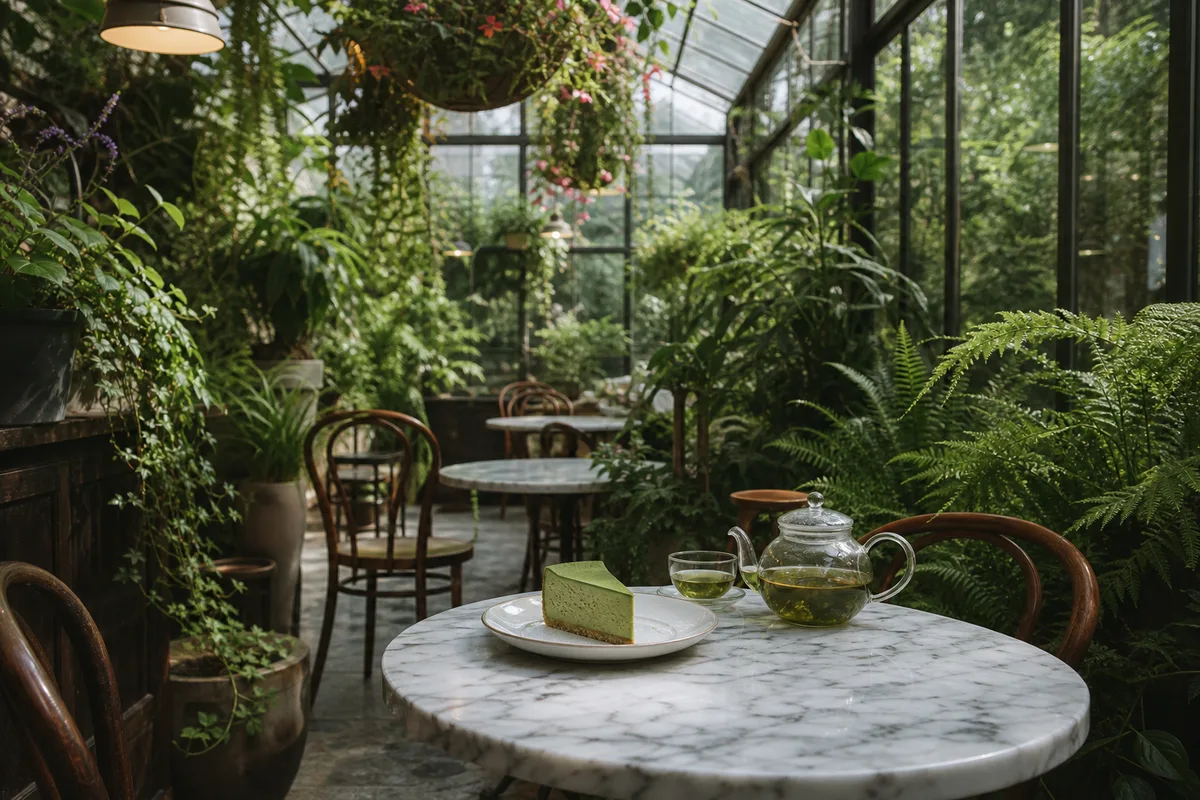 植物と花に囲まれた温室のようなカフェの店内