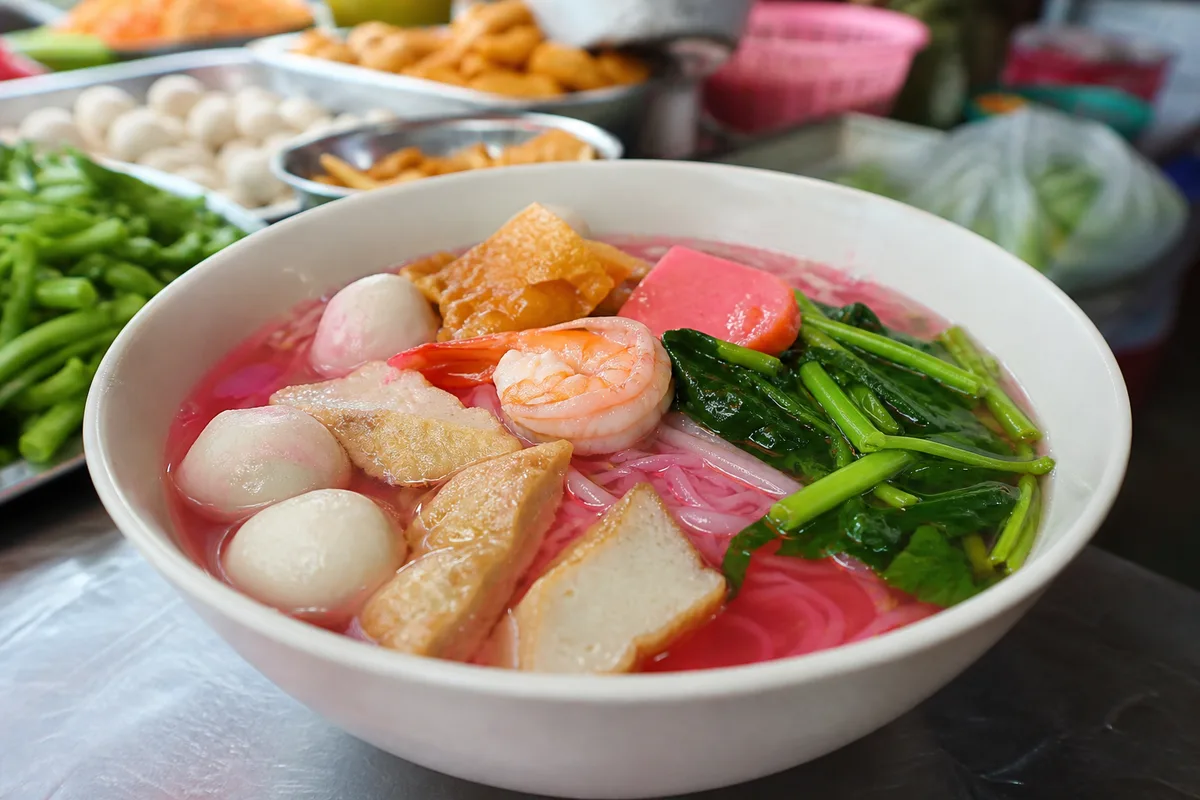 オートーコー市場のイェンタフォー麺。ピンクがかったスープに海鮮と野菜がたっぷり