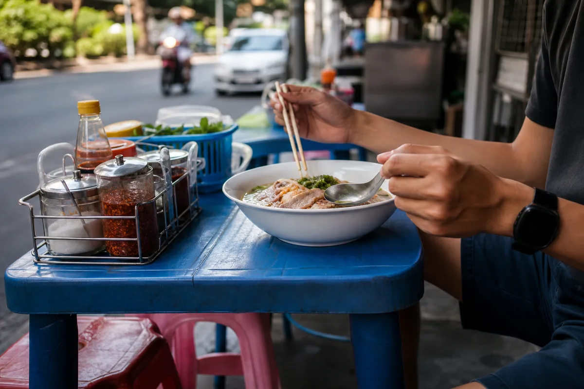 バンコク タイ料理 ランチ 屋台で食べる旅行者の様子