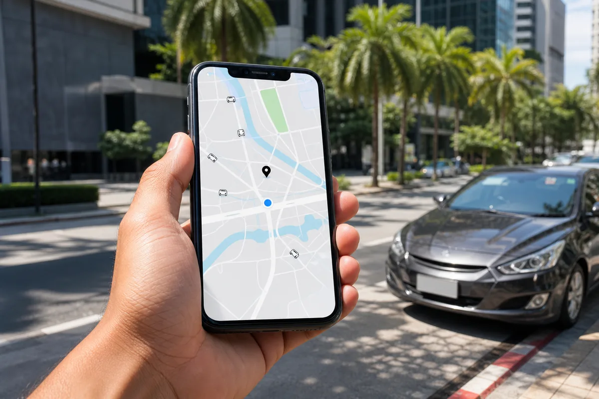 スマートフォンでGrabの配車アプリを操作して車を呼ぶ様子のイメージ