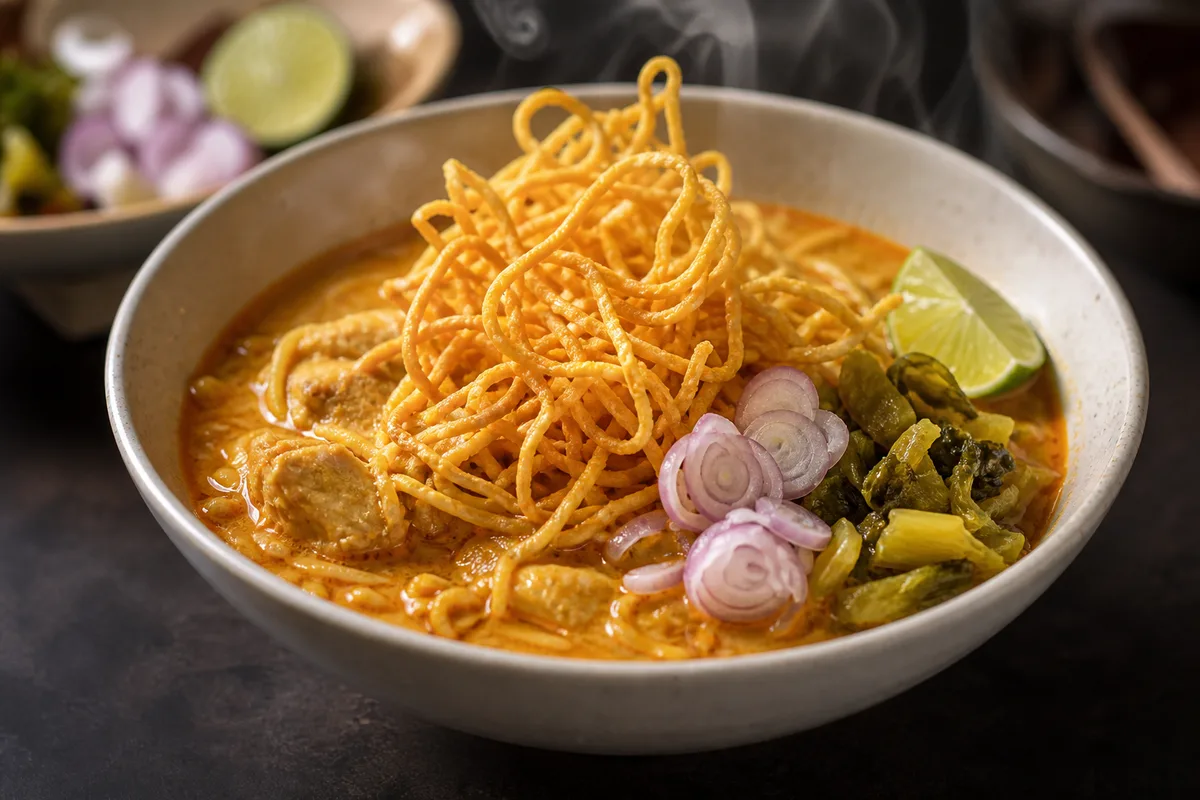 チェンマイのカオソーイ、揚げ麺と高菜の漬物がのった一杯