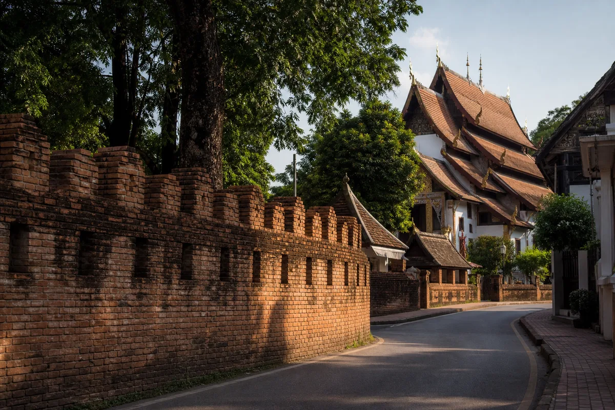 チェンマイ旧市街、城壁とランナー様式の寺院が並ぶ街並み