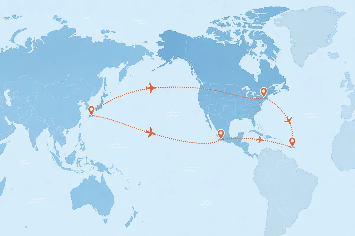 日本からキューバへの主要な乗り継ぎルートを示した世界地図のイメージ