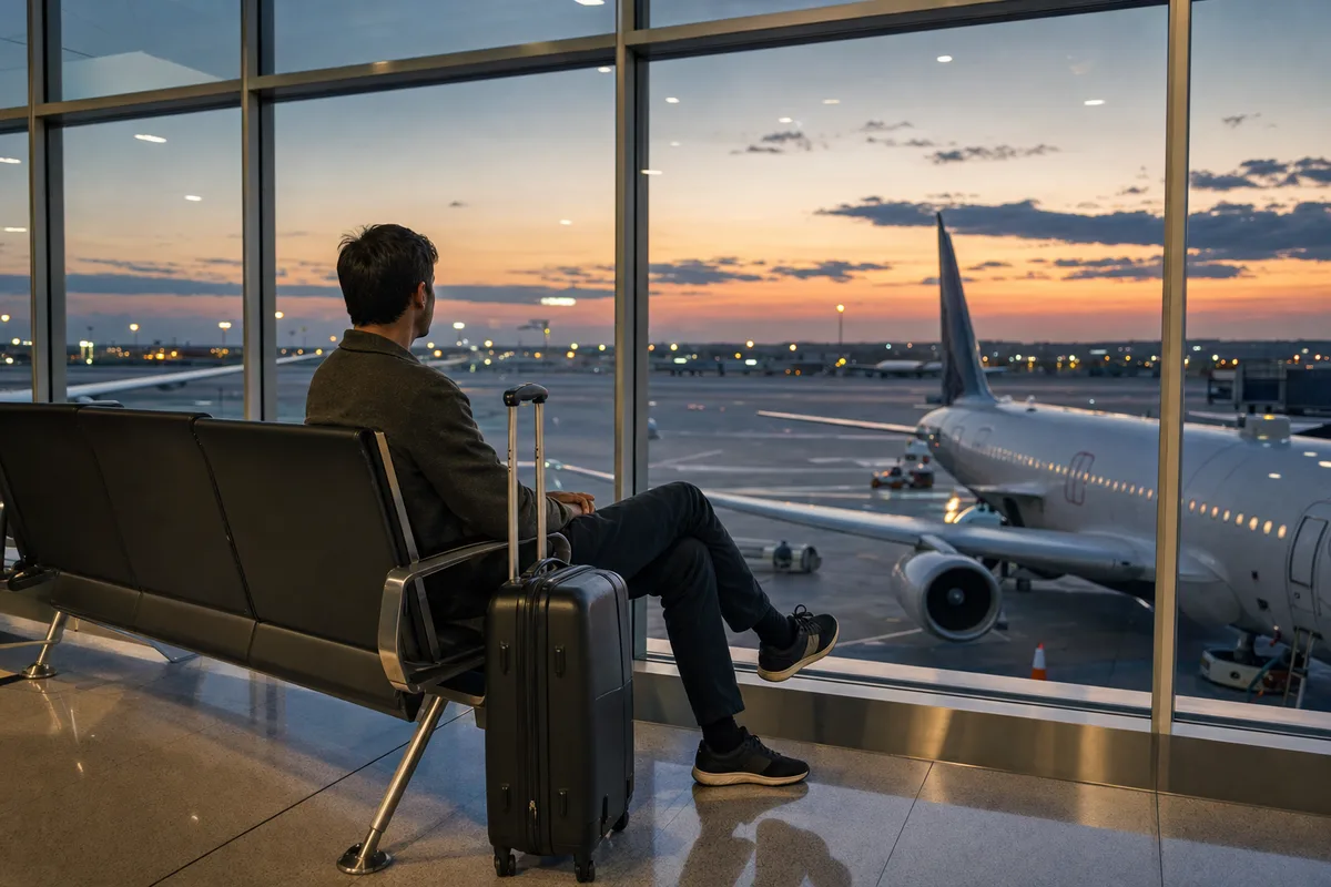 空港での乗り継ぎを待つ旅行者のイメージ