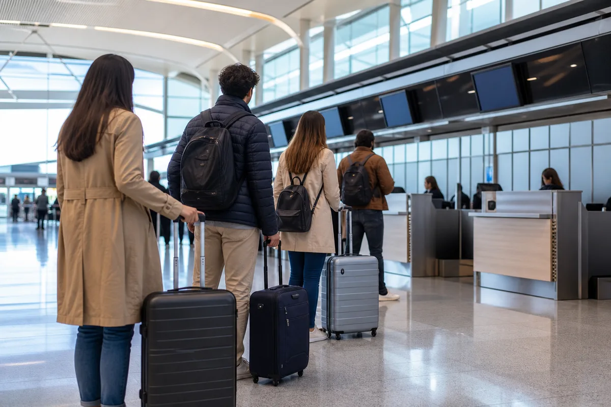 ドンムアン空港のLCCチェックインカウンターに並ぶ旅行者のイメージ