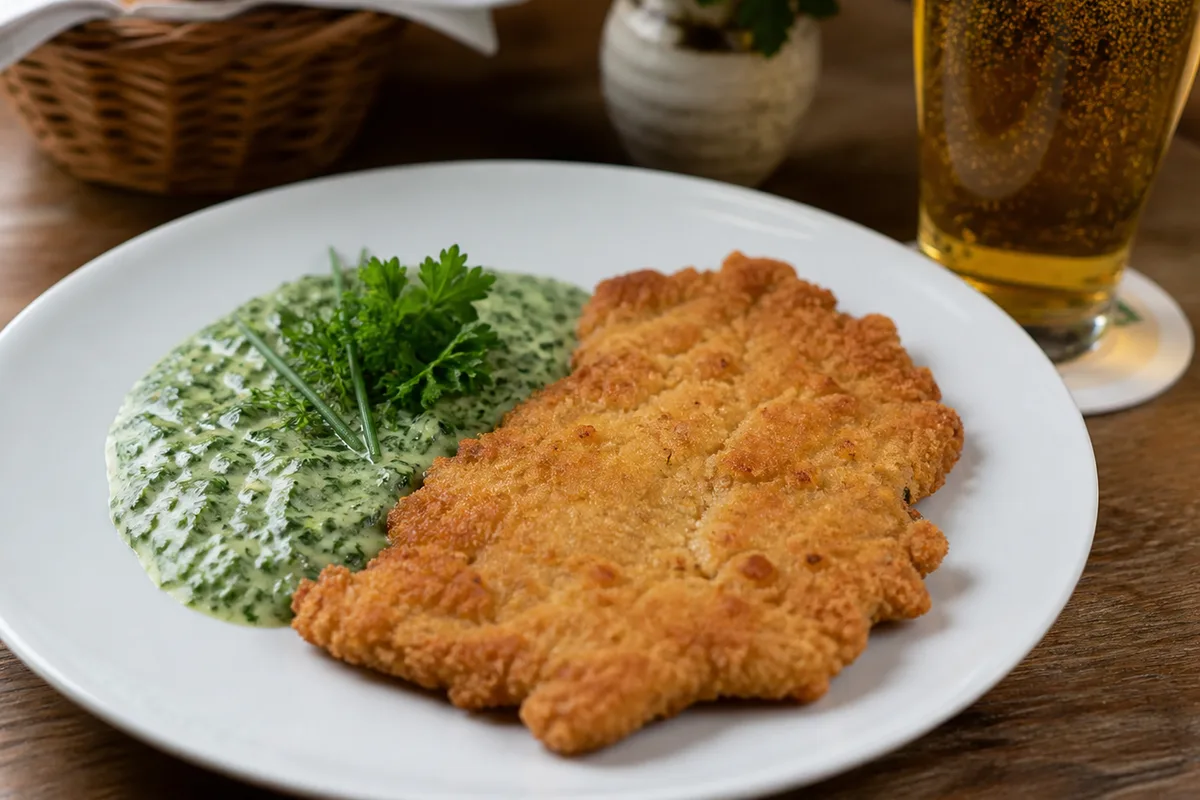 シュニッツェルとグリューネゾーセのプレートとビール、ドイツ料理