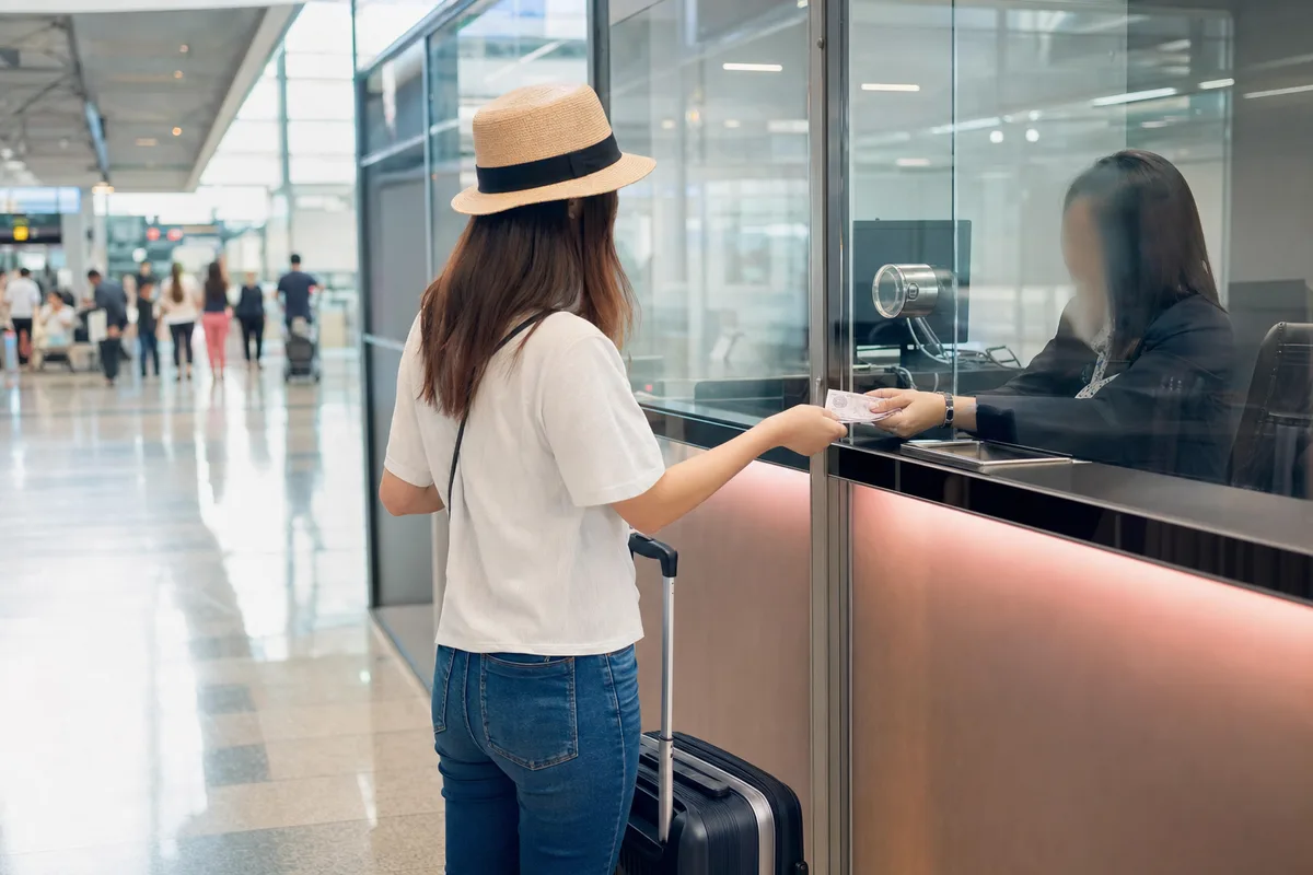 スワンナプーム空港の両替所でタイバーツに両替する旅行者のイメージ