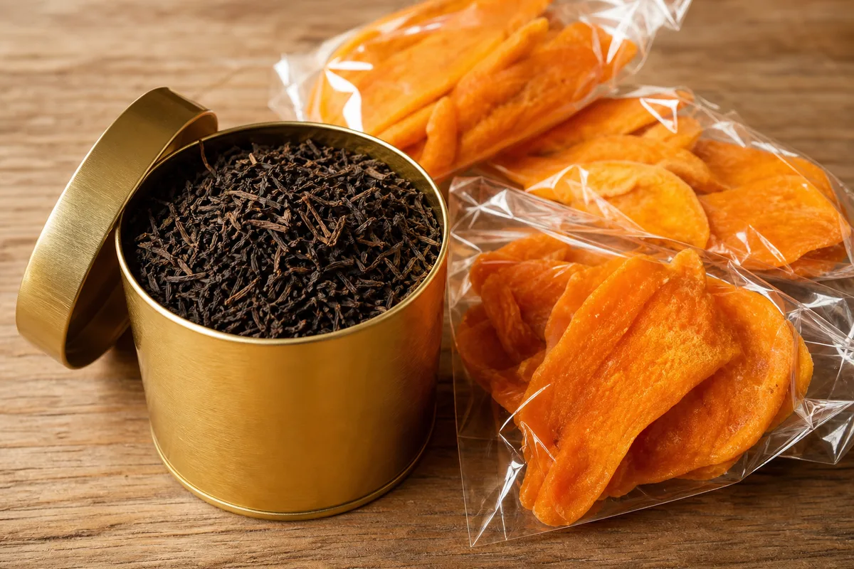 タイの定番土産であるタイティーの茶葉缶とドライマンゴーの袋が並ぶイメージ