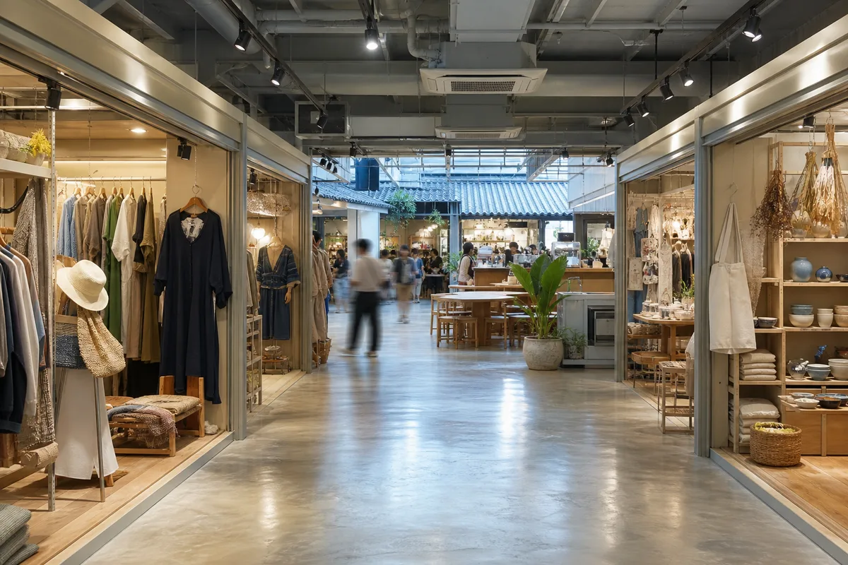 Mixt Chatuchakの冷房が効いた屋内フロアに並ぶ雑貨店とフードコートの座席
