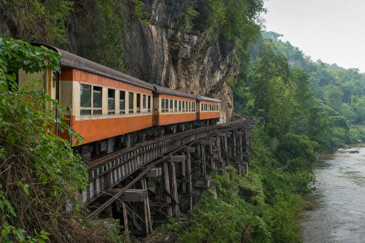 アルヒル桟道橋の木組みの上をゆっくり走る泰緬鉄道の列車と崖下の川