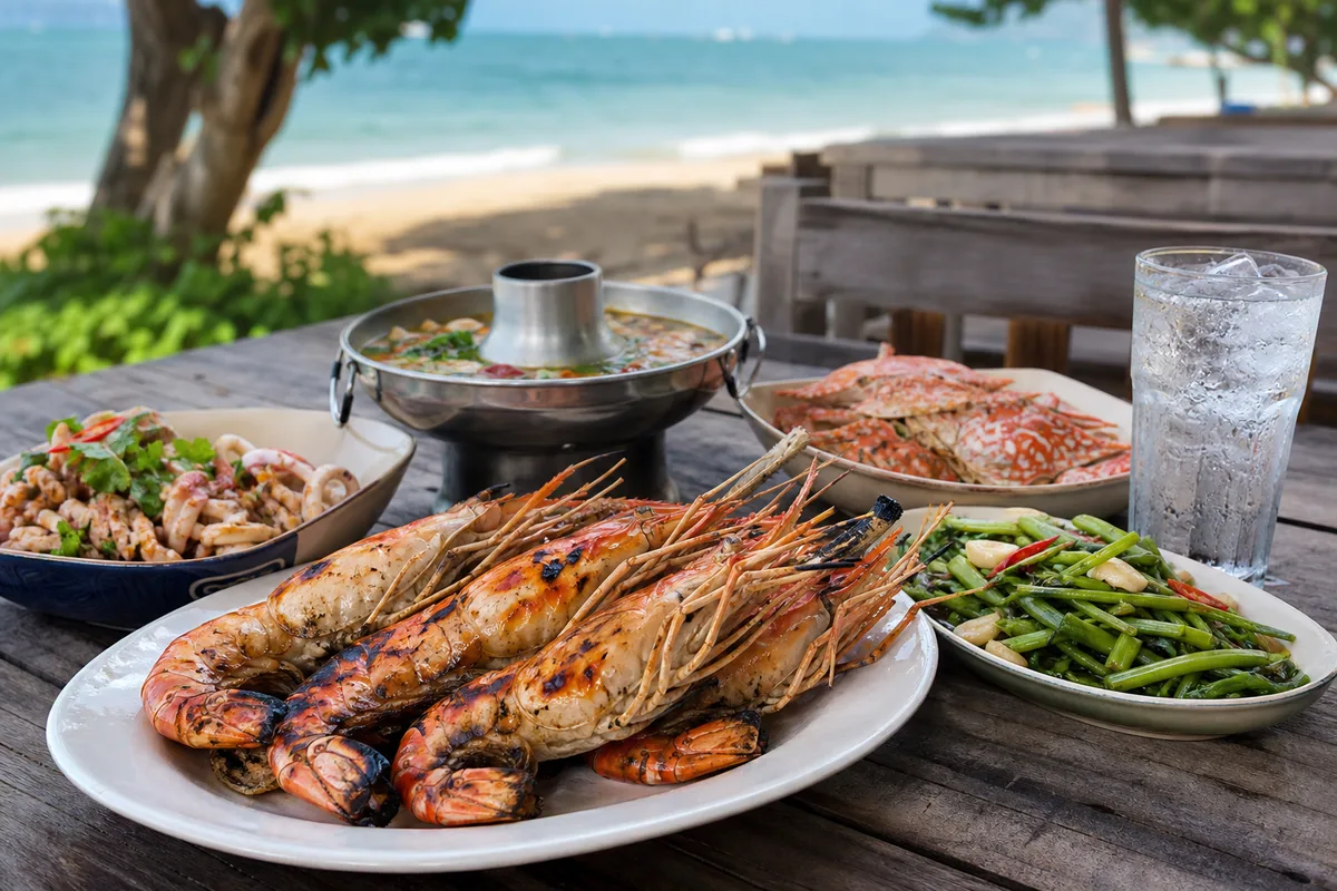 ラン島のビーチ沿い食堂で食べるエビとシーフード料理、海を望むテーブル