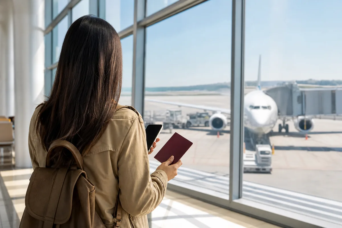 パスポートとスマートフォンを手に空港で出発準備をする旅行者