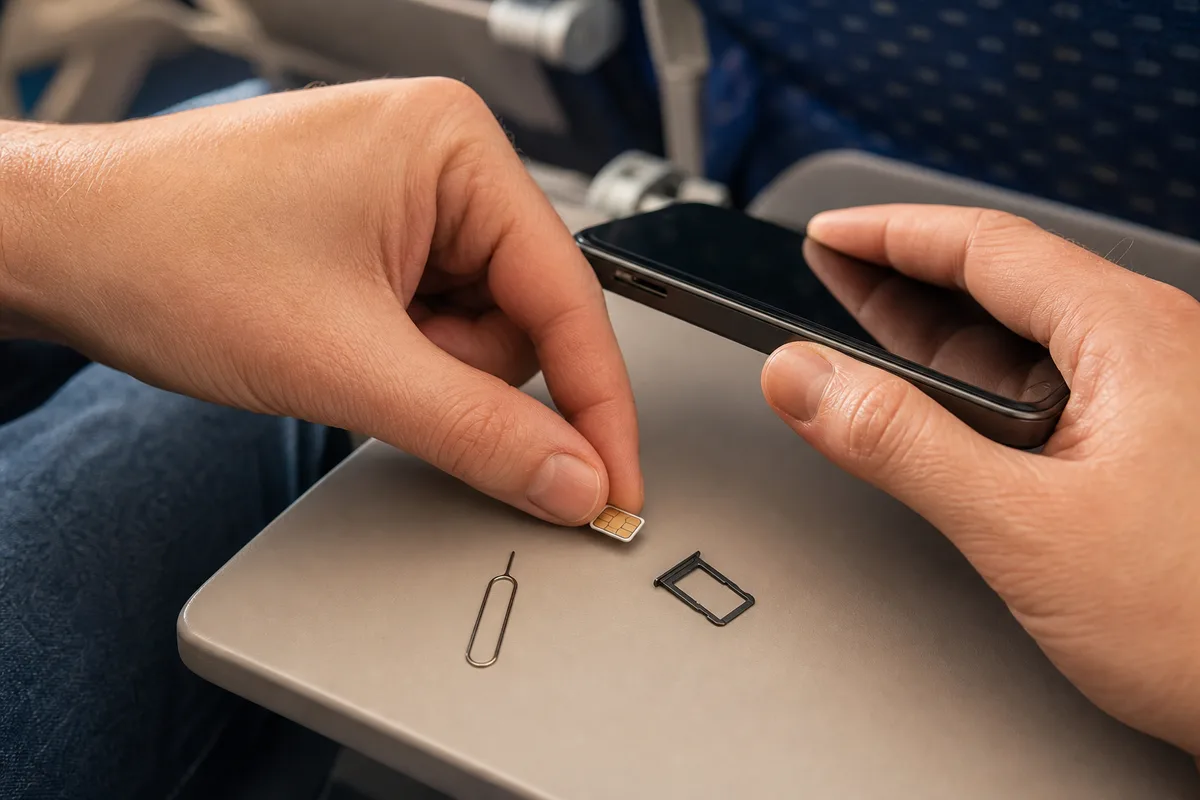機内の座席でスマホのSIMカードを入れ替えようとしている手元