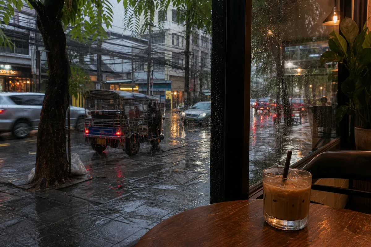 バンコクの街角に降るスコールをカフェの窓越しに眺める様子