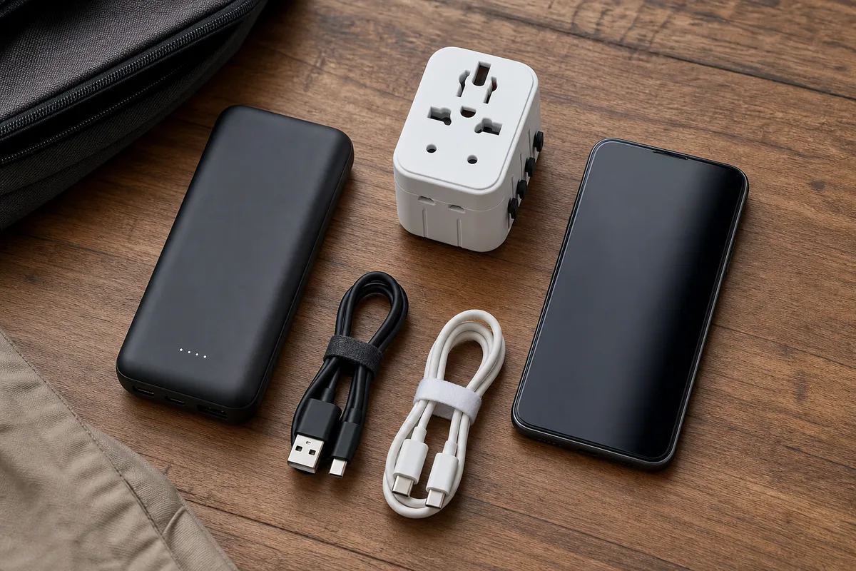 モバイルバッテリーと変換プラグとスマホなどタイ旅行の電子機器一式