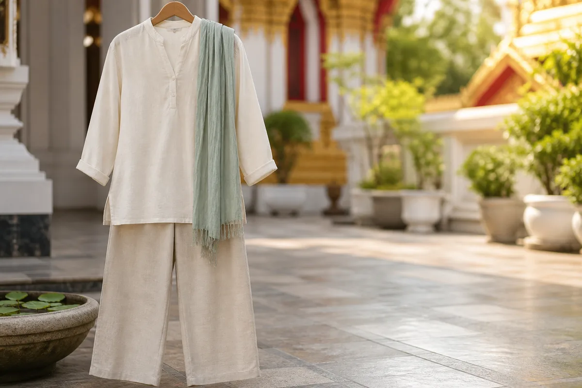 肩と膝が隠れる服装で寺院を訪れる旅行者