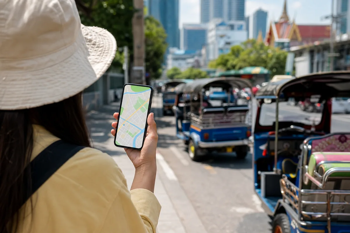 バンコクの街中でスマホの地図を見ながら移動する旅行者のイメージ