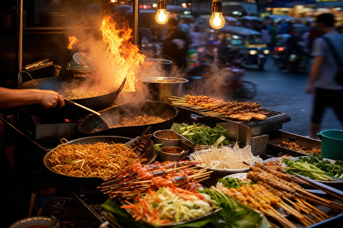 バンコクの屋台で焼かれるタイ料理と行き交う人々