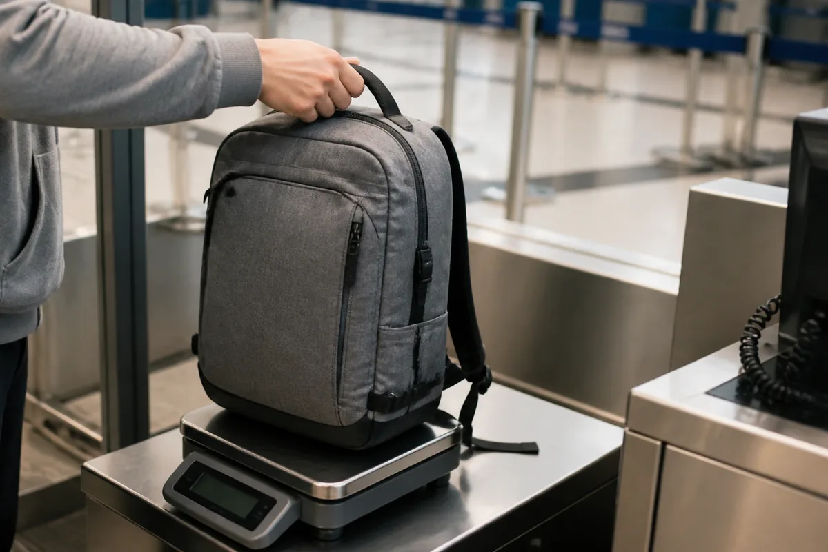 機内持ち込み用のバッグを空港で量りにかけているイメージ
