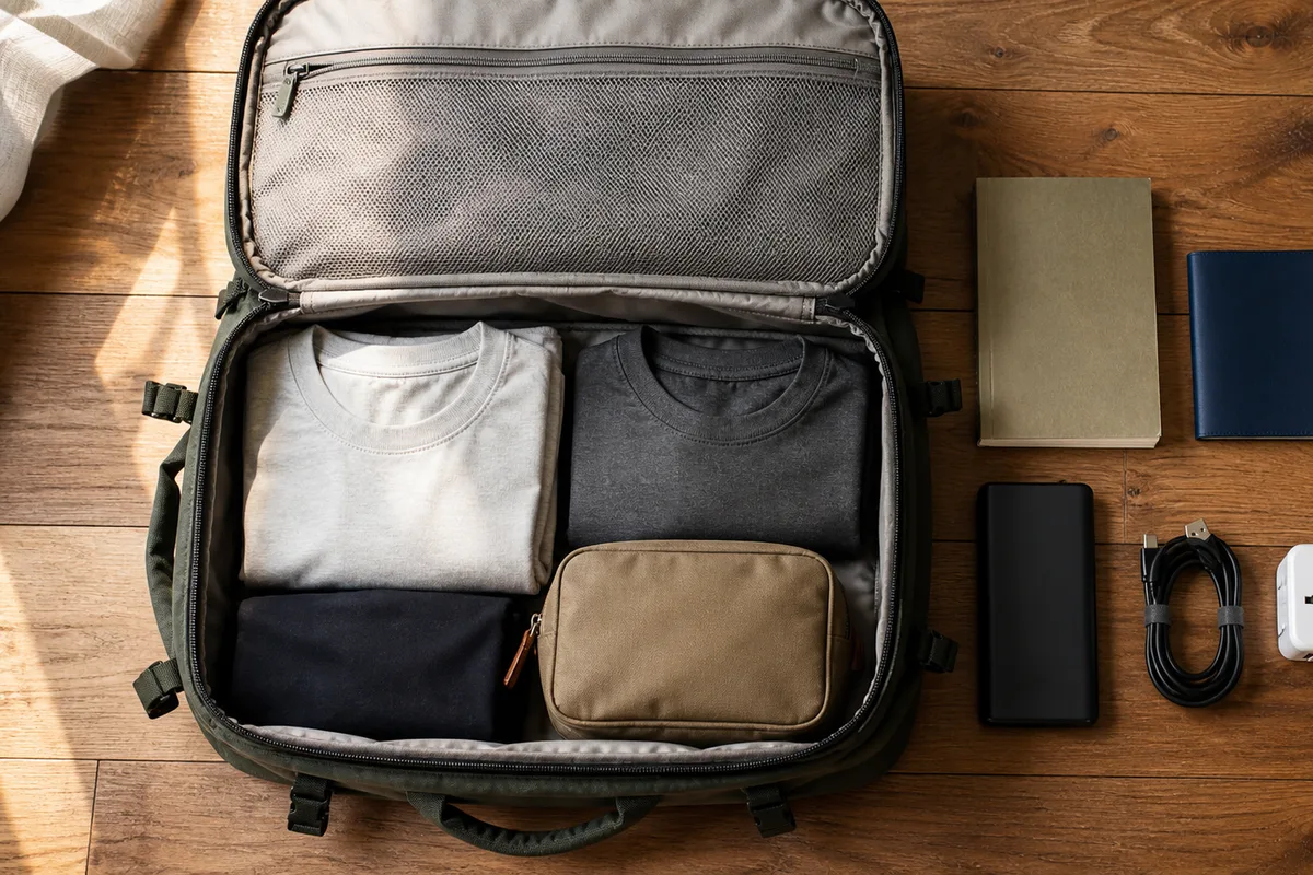 旅行用のバッグに荷物を詰めているイメージ