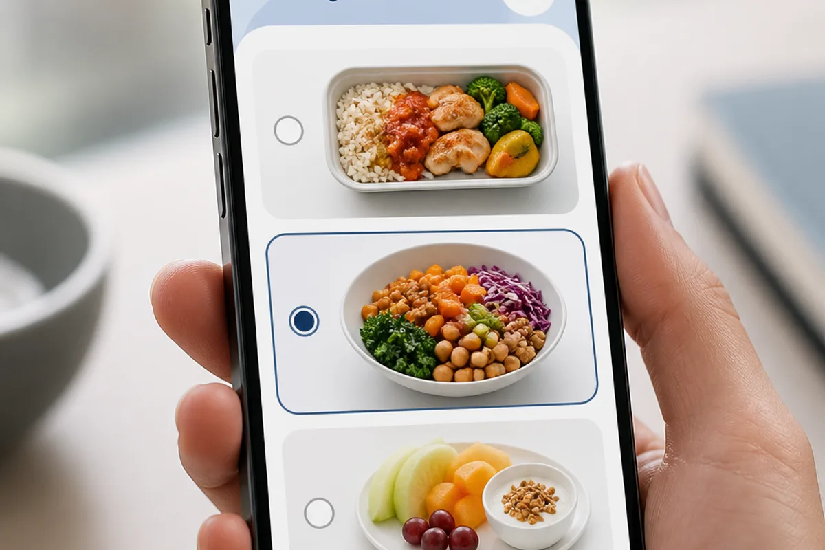 スマートフォンでエアアジアの機内食予約画面を操作しているイメージ