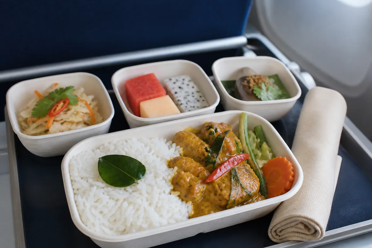 機内食のトレーに乗ったアジア料理のイメージ