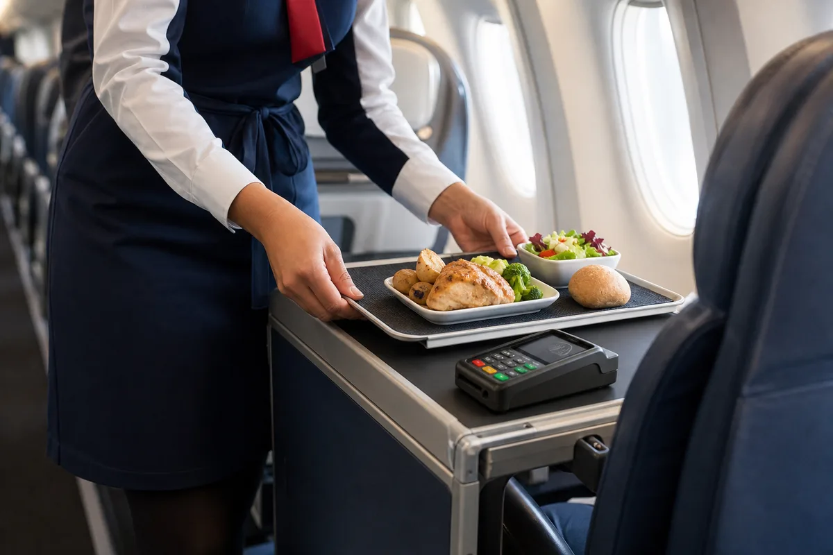 機内で座席の前に食事のトレーが置かれているイメージ