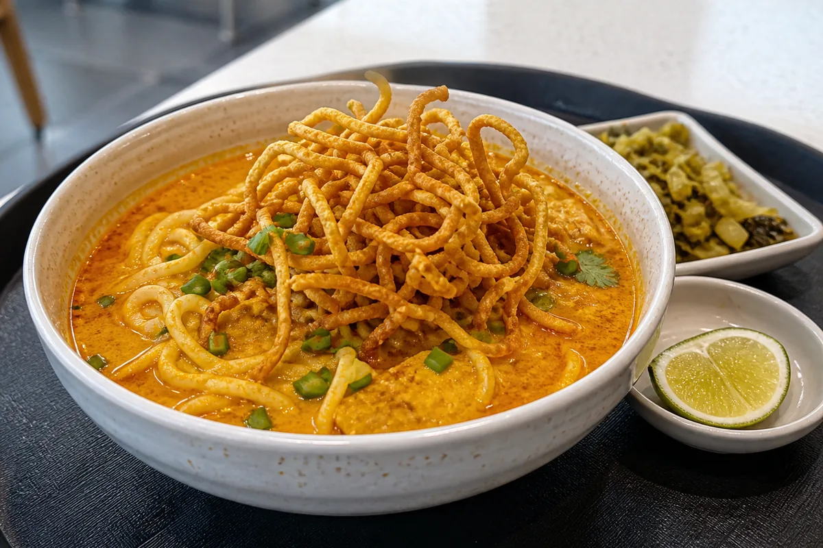 チェンマイ空港のカオソーイ専門店、揚げ麺入りのカレー麺
