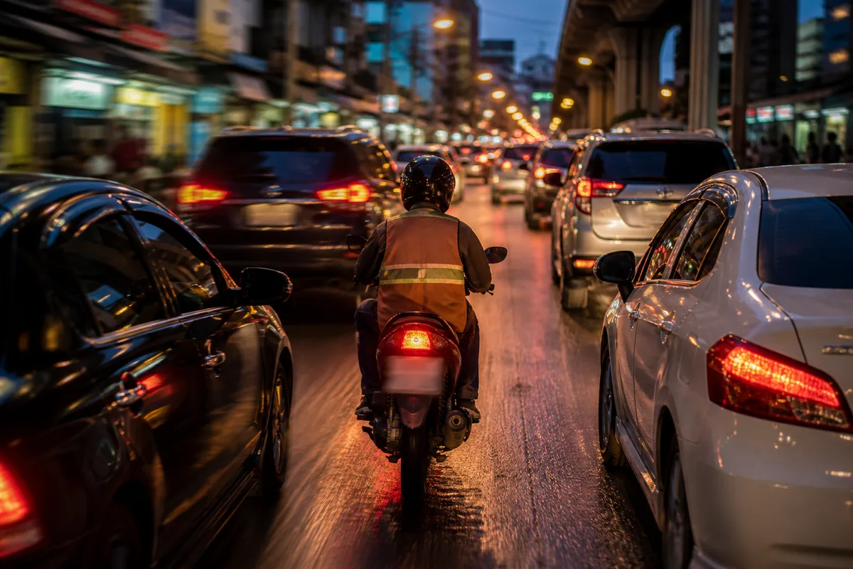 渋滞するエカマイの通りをバイクタクシーで移動するイメージ