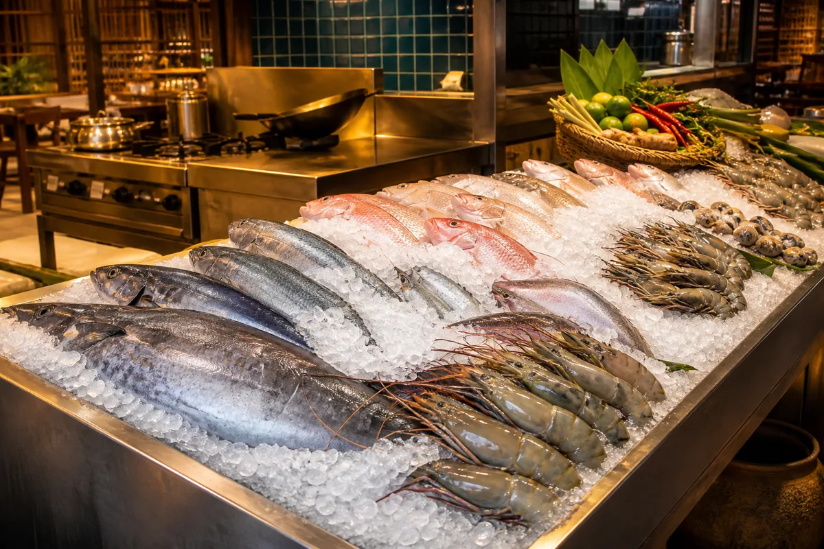 セントラルプーケットFloresta棟の海鮮コーナー、氷の上に並んだ新鮮な魚介類