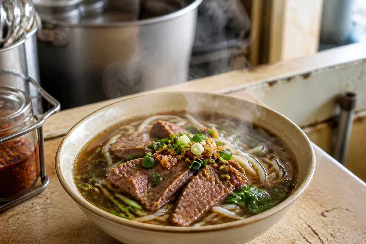 サイアムスクエア周辺の老舗クイッティアオ店の店先で提供される牛肉入りスープ麺