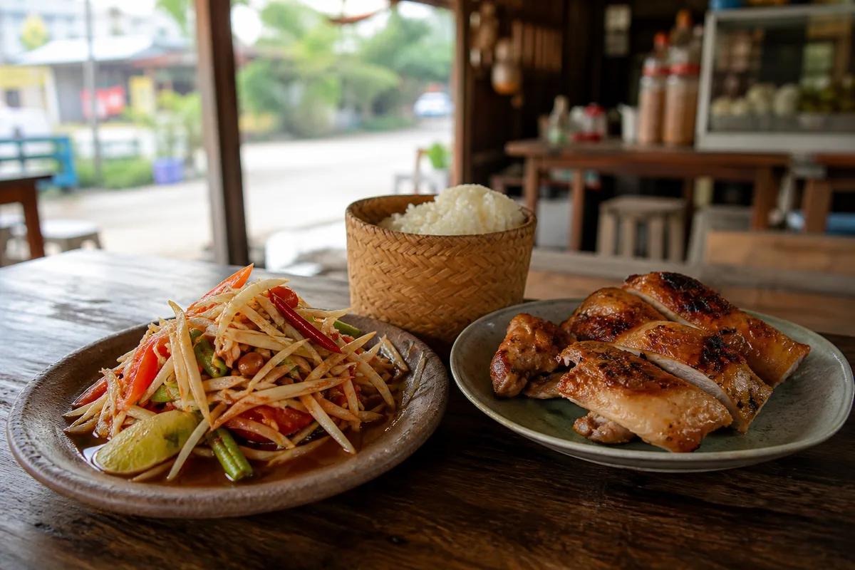サイアムスクエアのイサーン料理店で青パパイヤのソムタムともち米が並ぶテーブル
