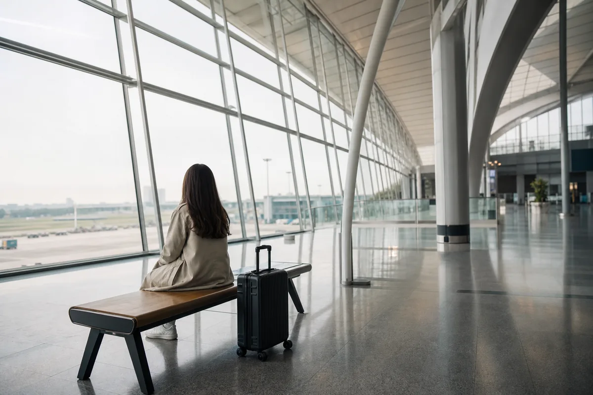 スワンナプーム空港の出発ターミナルで乗り継ぎの待ち時間を過ごす旅行者のイメージ