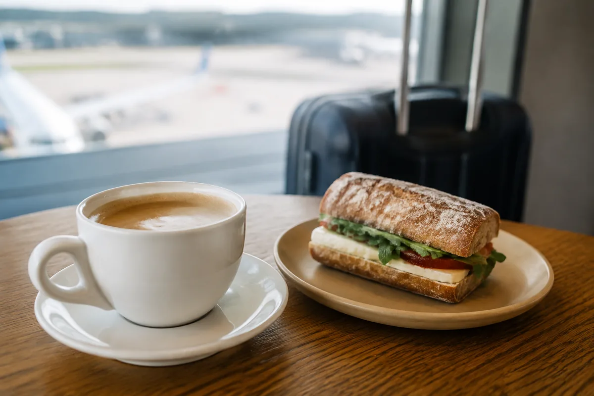 コーヒーカップと軽食を置いた空港のテーブルのイメージ