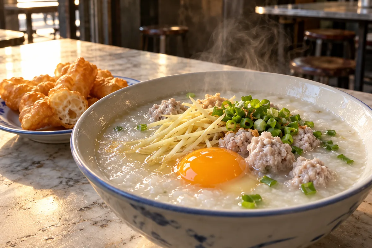 早朝のバンコクの食堂で湯気の立つお粥と揚げパンが並ぶテーブル