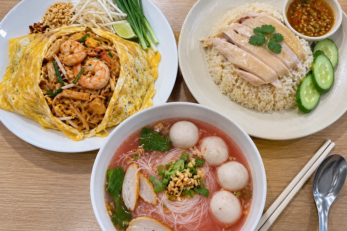 サイアムパラゴンのフードホールでパッタイやカオマンガイなど有名店の料理を並べたテーブル
