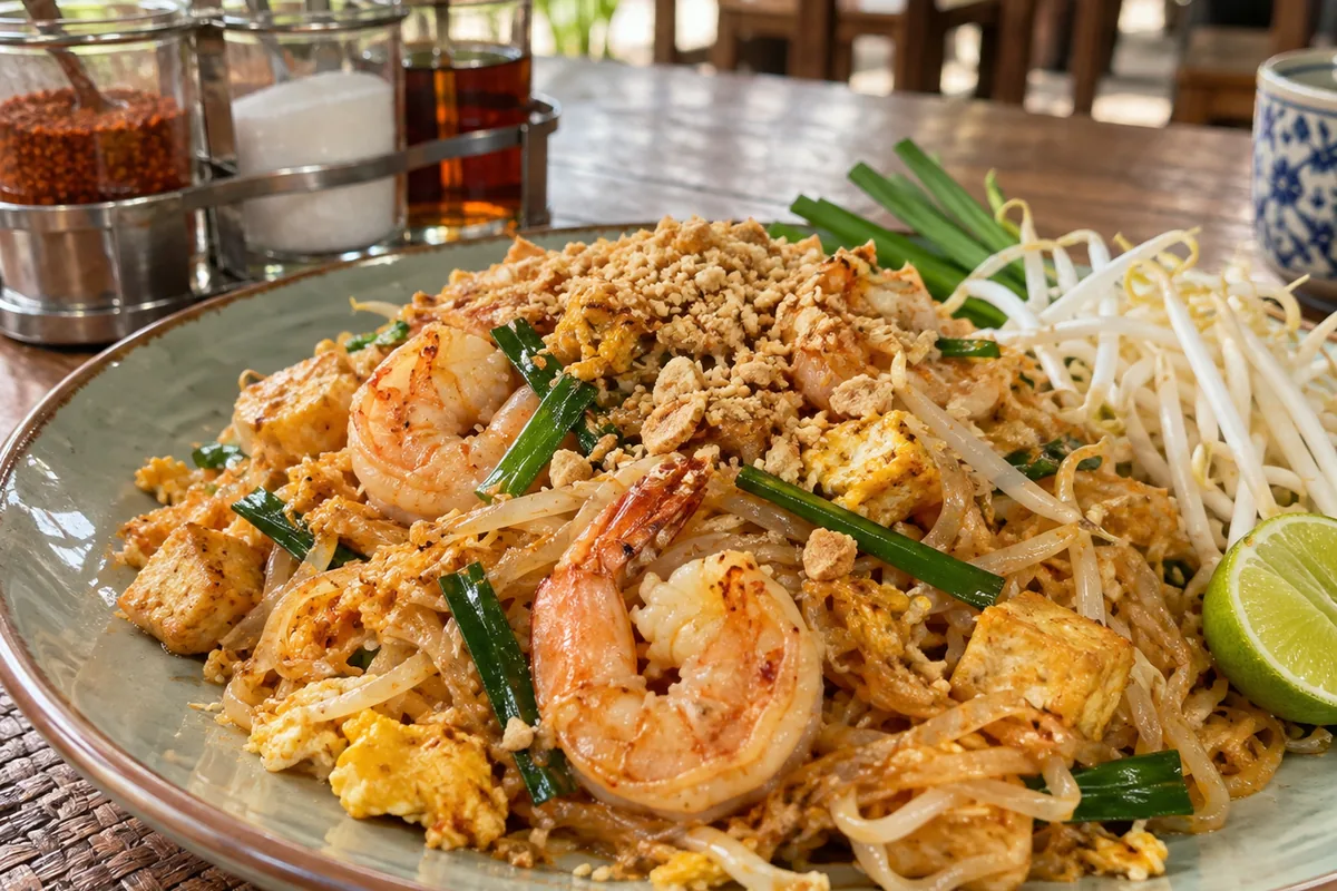 バンコクのパッタイ、米の麺に海老ともやし、ピーナッツとライムを添えた一皿