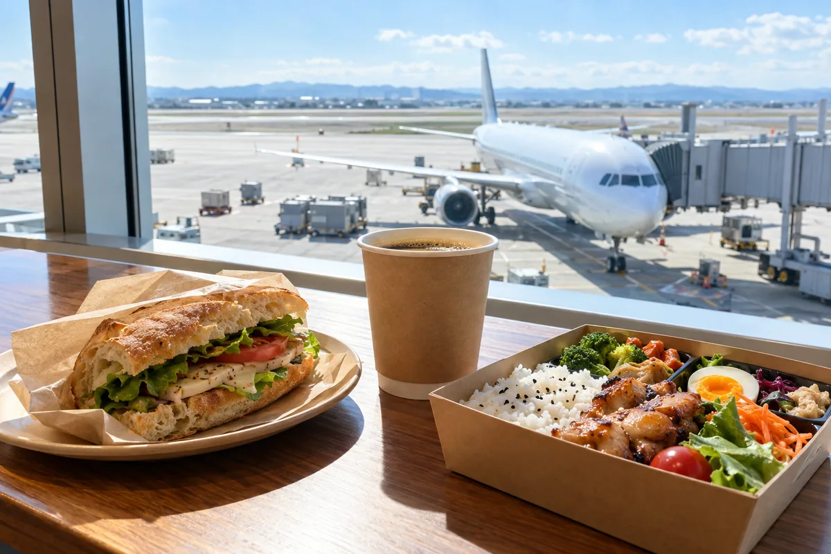 空港の搭乗口近くのカフェで滑走路を眺めながら軽食をとるイメージ