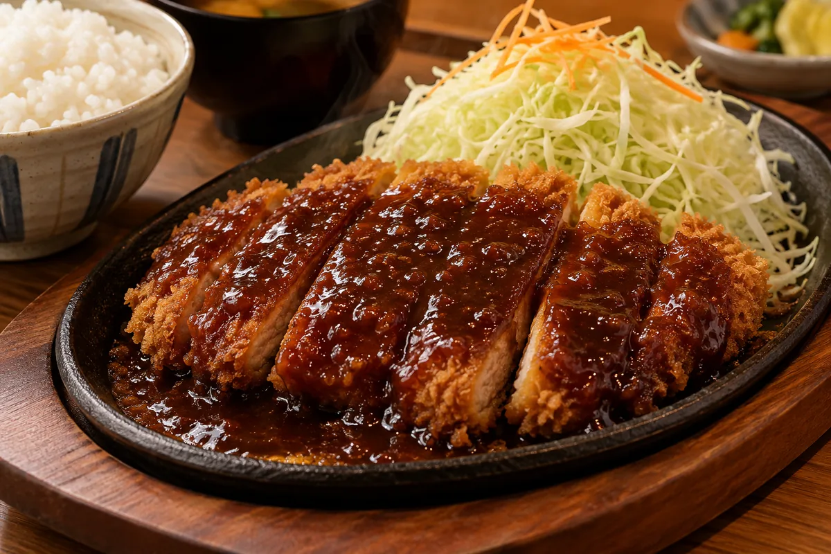 空港のレストランで食べる味噌だれのかかったとんかつ定食のイメージ