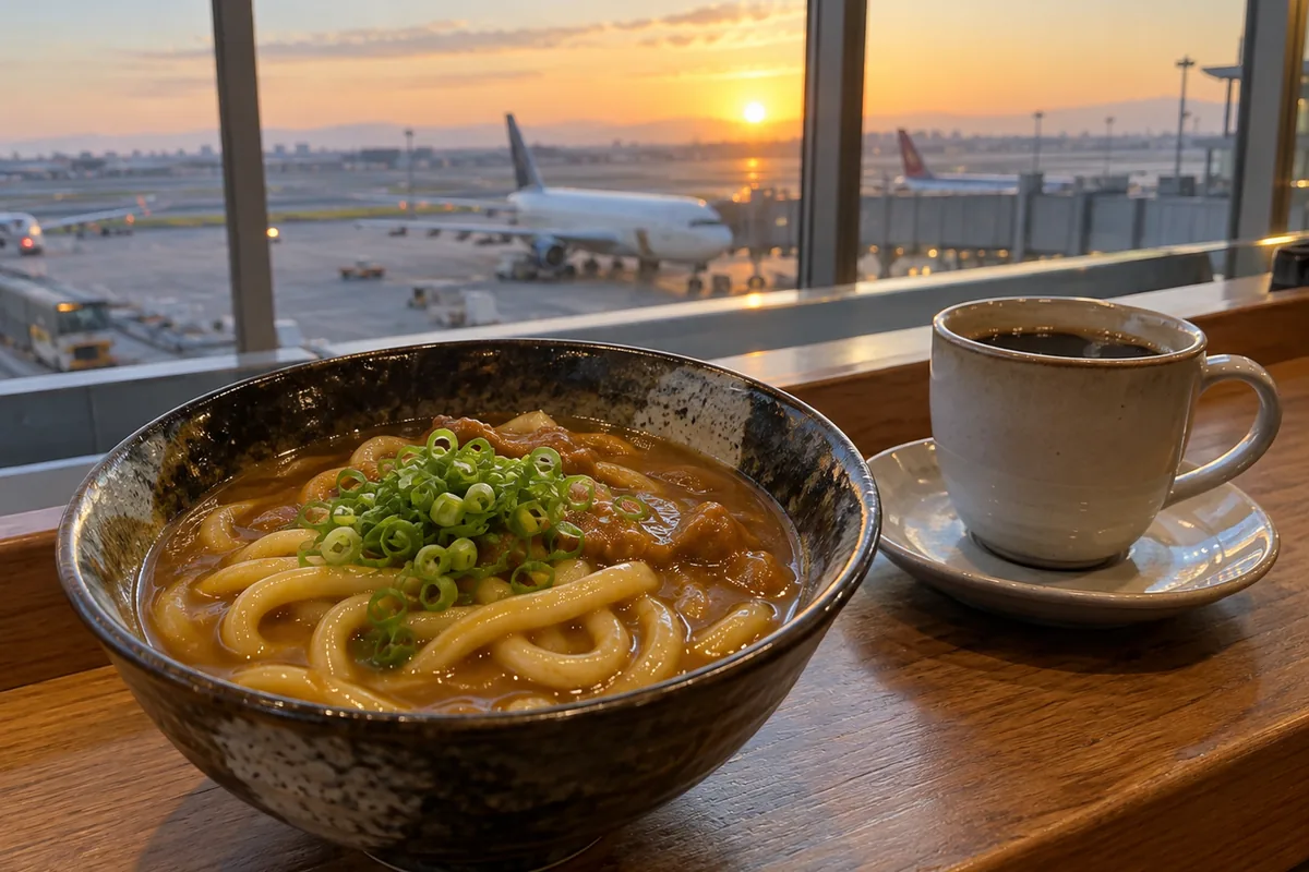 早朝の空港の飲食店でうどんとコーヒーの朝食をとるイメージ