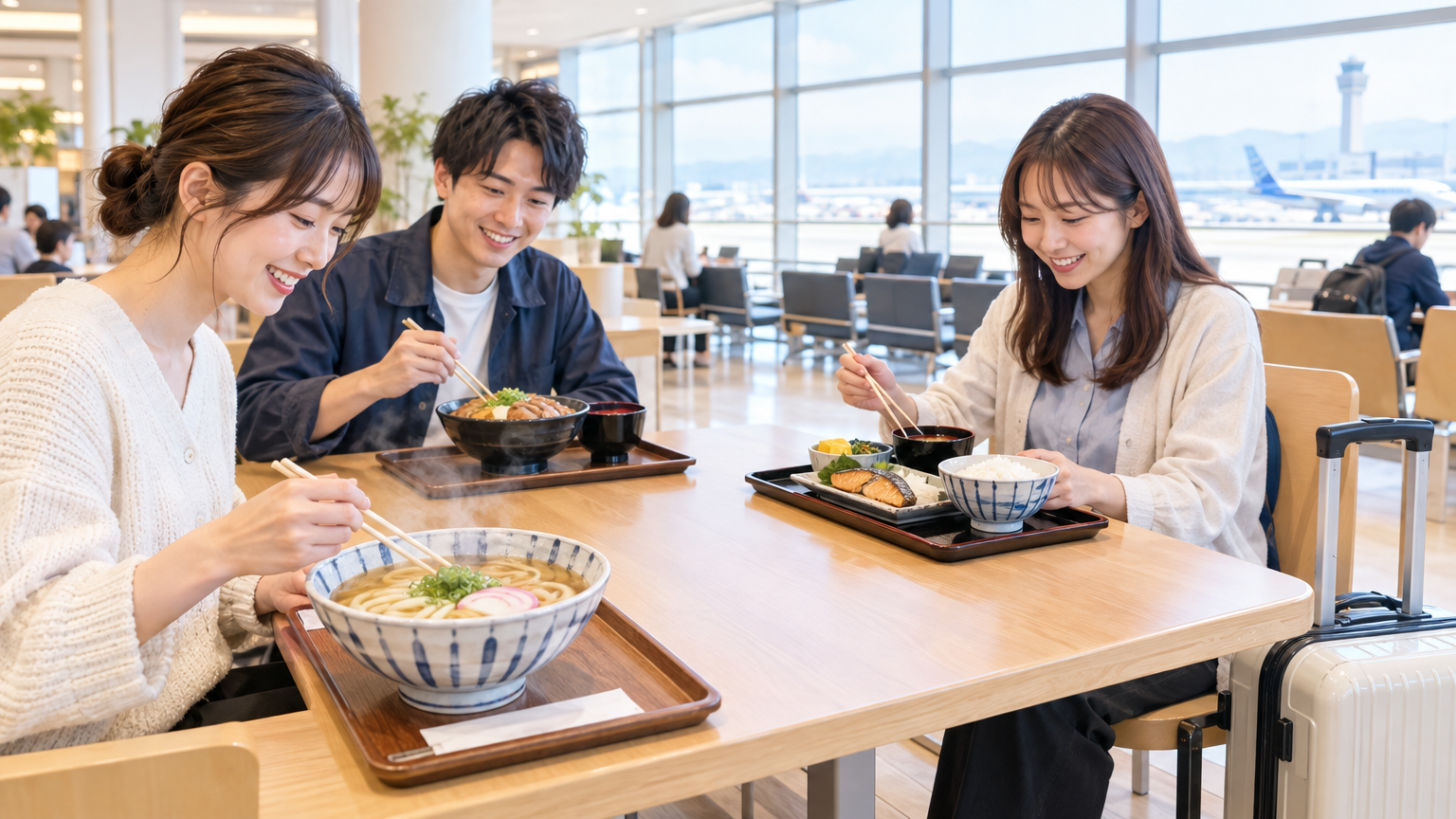 空港のフードコートでうどん、丼もの、和定食を囲む旅行者