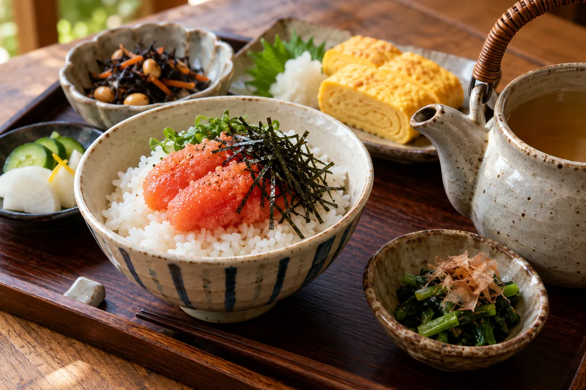 白いご飯に明太子をのせて出汁をかけた茶漬けと小鉢が並ぶ朝食の膳