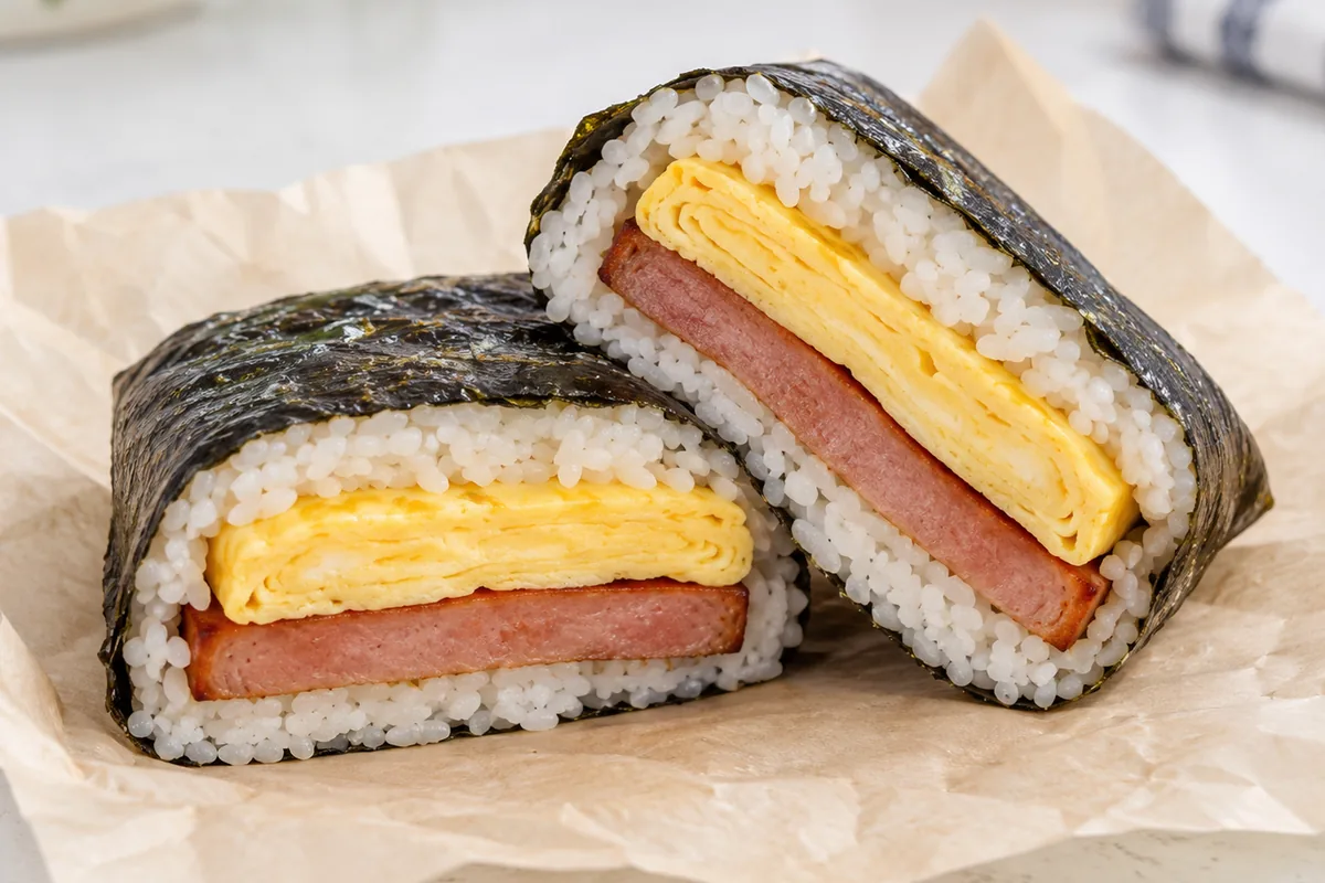ポークランチョンミートと玉子焼きを挟んだおにぎりのイメージ