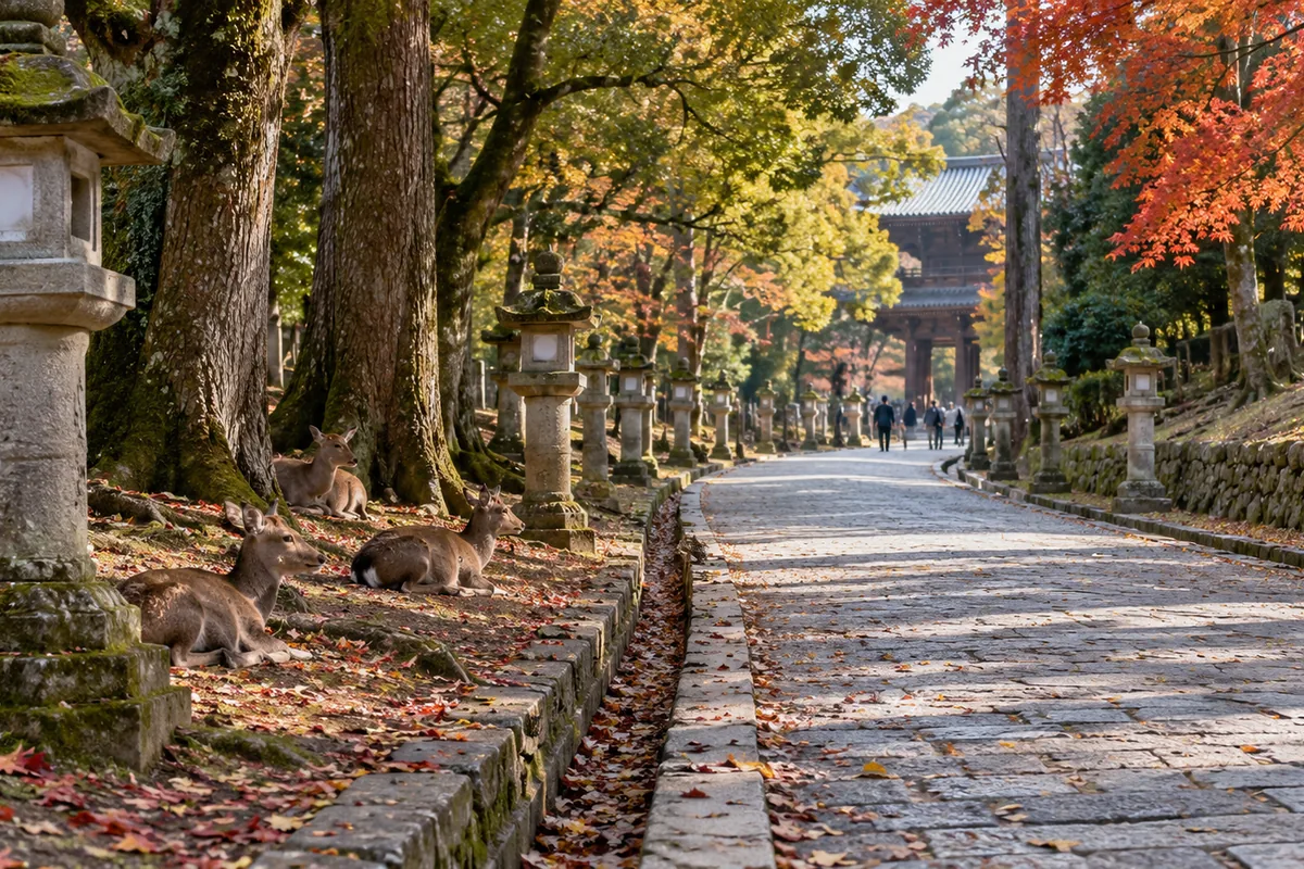 奈良公園の参道で鹿がくつろぐ風景のイメージ