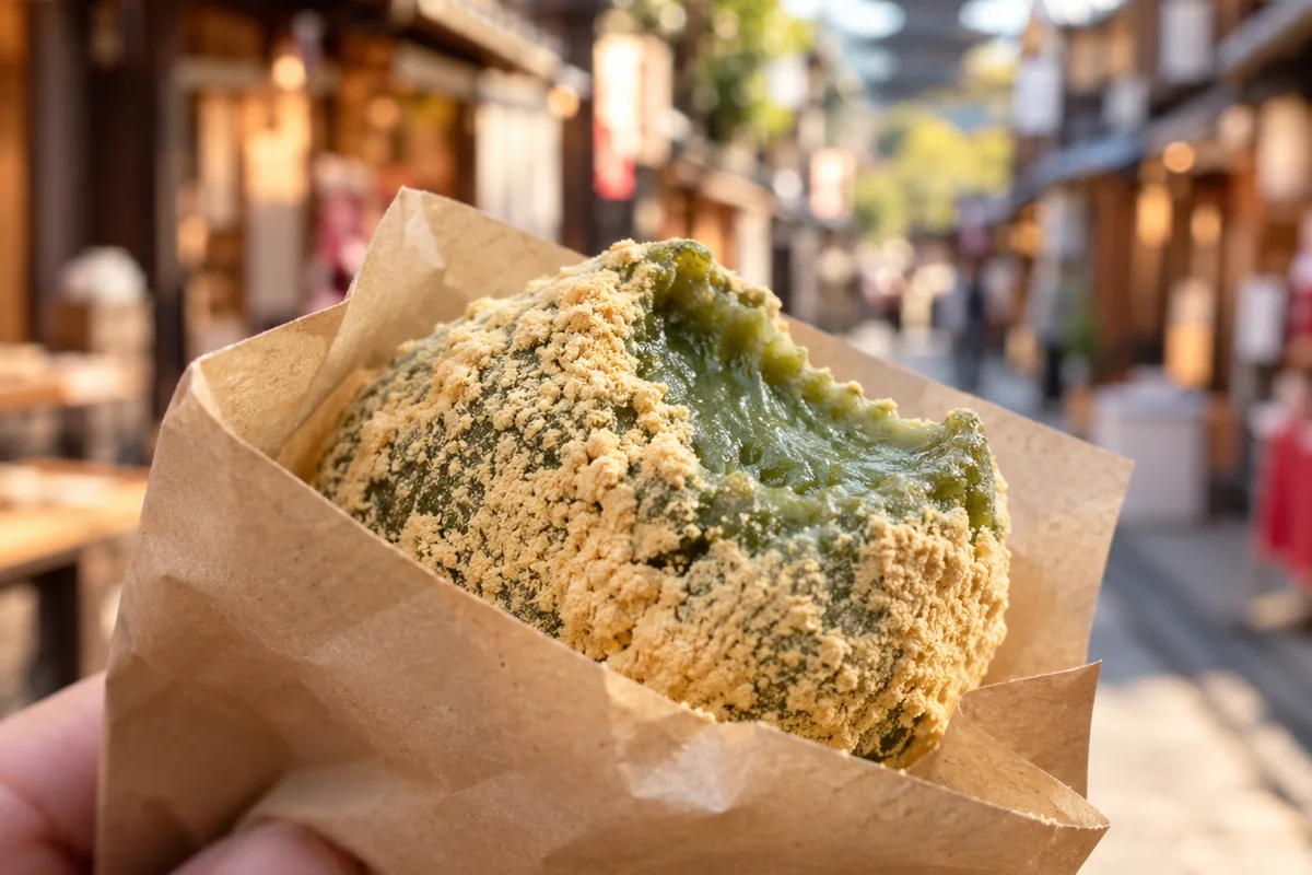 つきたてのよもぎ餅を手に持って食べ歩くイメージ