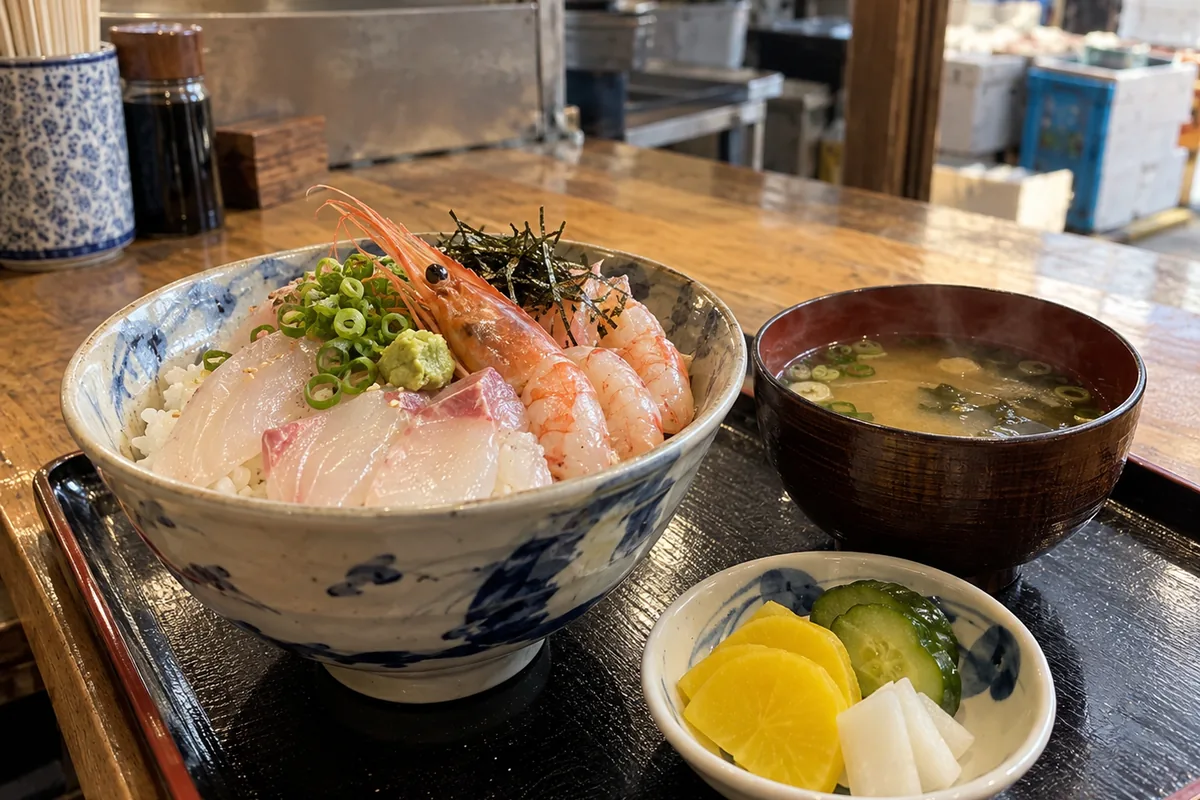 朝の市場の食堂で、白身魚やエビがのった海鮮丼と味噌汁が並ぶイメージ