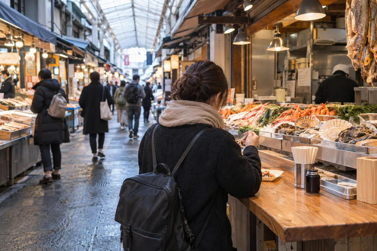 近江町市場のような屋根付きの市場通りで、店先のカウンターに立ち止まって食べる人の後ろ姿のイメージ