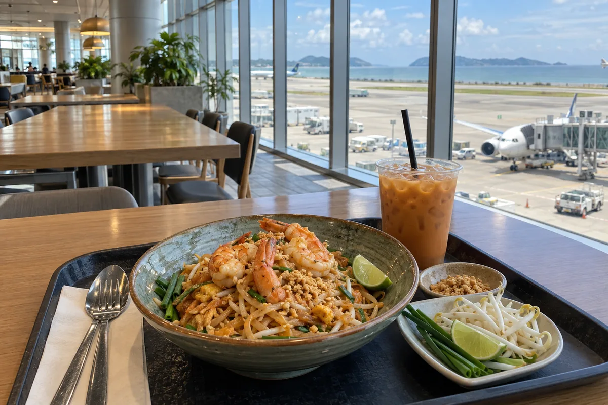 空港のフードコートで滑走路を眺めながらタイ料理を食べるイメージ