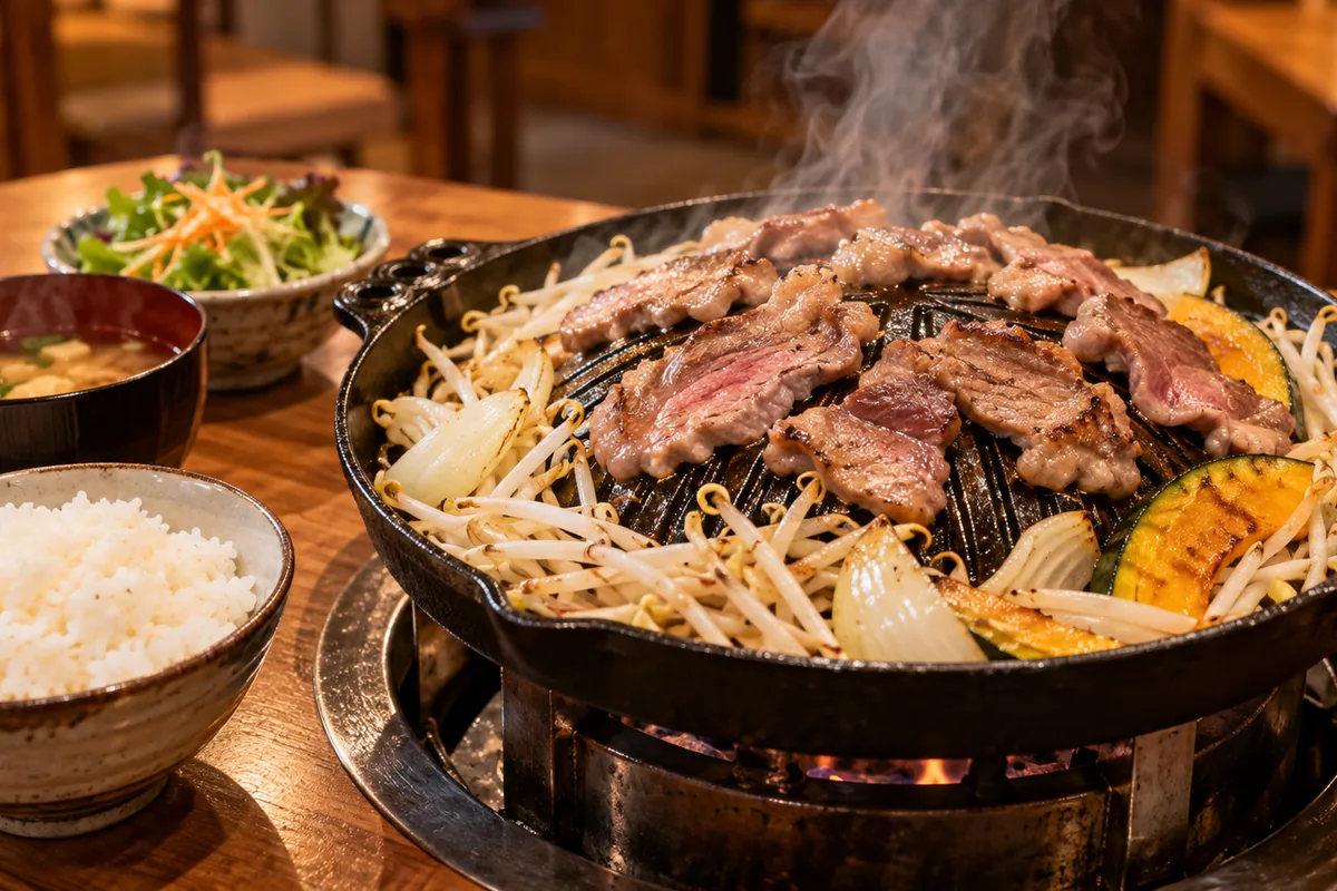 空港のレストランでジンギスカン鍋でラム肉と野菜を焼いているイメージ